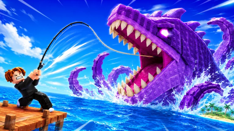 An angler straining to reel in a giant purple sea monster thrashing at the water surface in Deep Fishing.